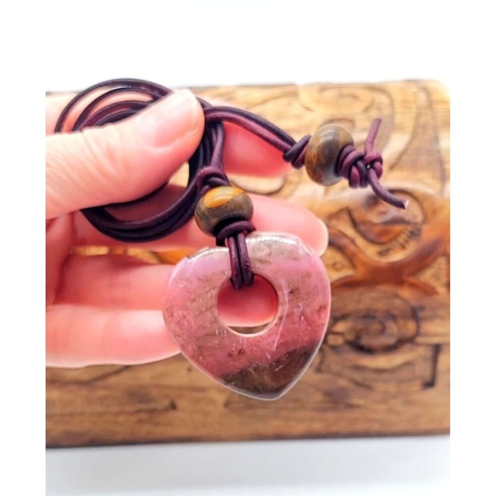 Rhodonite Heart Necklace Stone Pendant Leather Cord